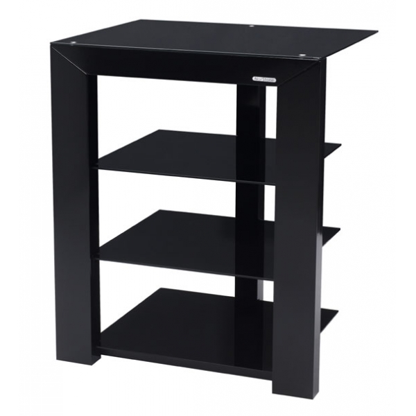 Norstone Piu Black mueble HIFI de 4 estantes, madera lacada negra, con cristales